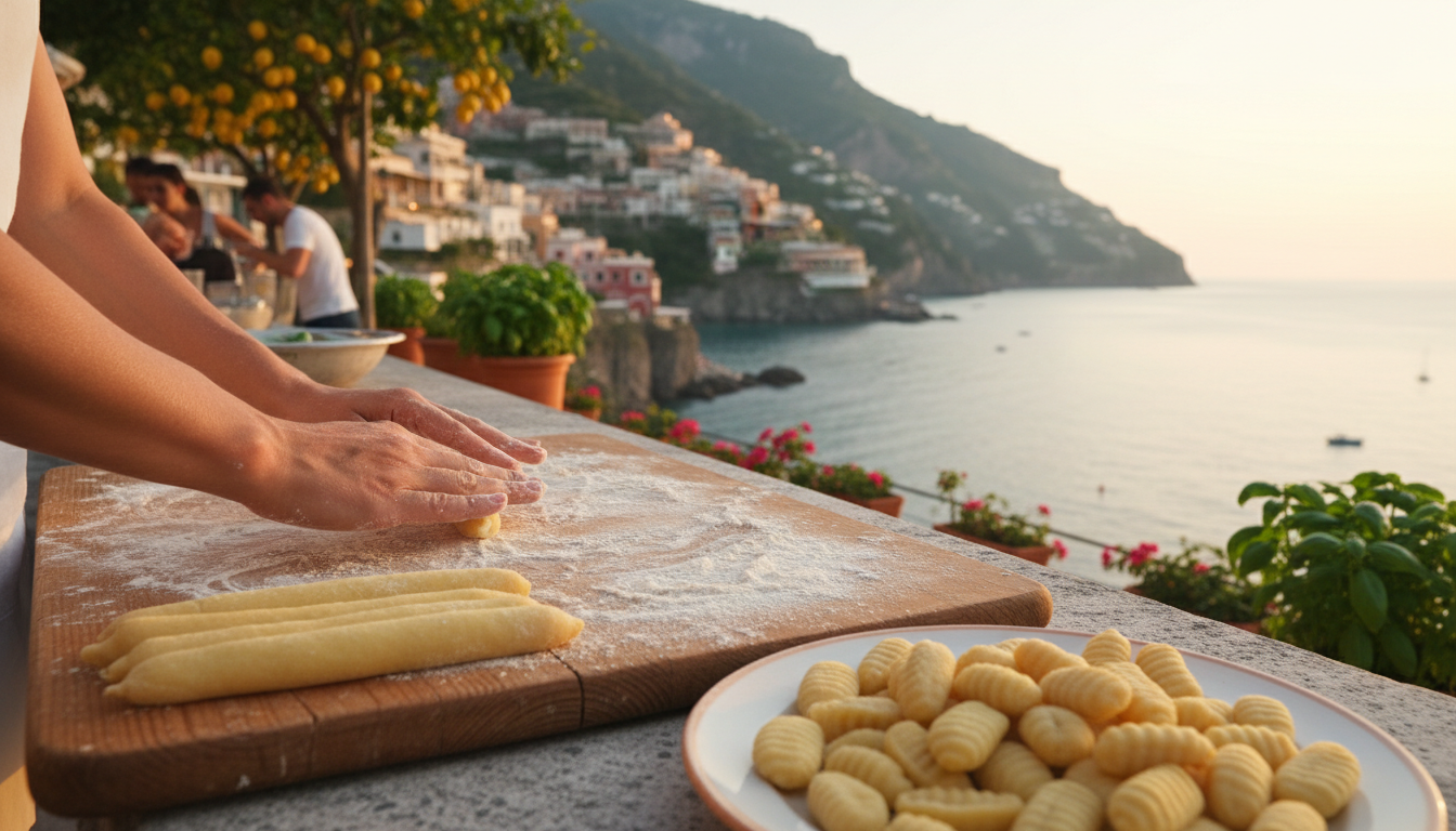 hands shaping fresh handmade gnocchi pasta on a wooden board during an Italian cooking class on the Amalfi Coast, with dough rolls and a plate of finished gnocchi in the foreground