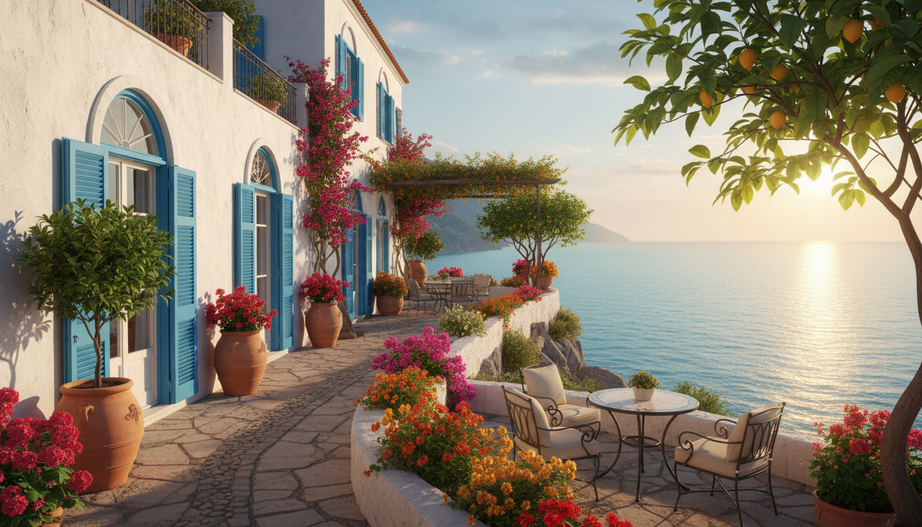 A charming Mediterranean-style seaside house with crisp white stucco walls and bold blue shutters, perched on a sun-kissed cliff ledge above the shimmering Amalfi coastline. The house is framed by terracotta pots overflowing with blooming bougainvillea and lush green citrus trees, while a rustic stone walkway leads to a cozy outdoor seating area with panoramic sea views. Bathed in soft golden hour sunlight, the colors are vibrant and saturated, with long, gentle shadows adding depth. Captured in a wide-angle, eye-level composition that showcases both the home and sweeping ocean scenery. The mood is tranquil, inviting, and authentically Mediterranean, with a clean yet organic style that feels fresh and timeless—perfect for evoking the spirit of an idyllic Amalfi coast holiday retreat.