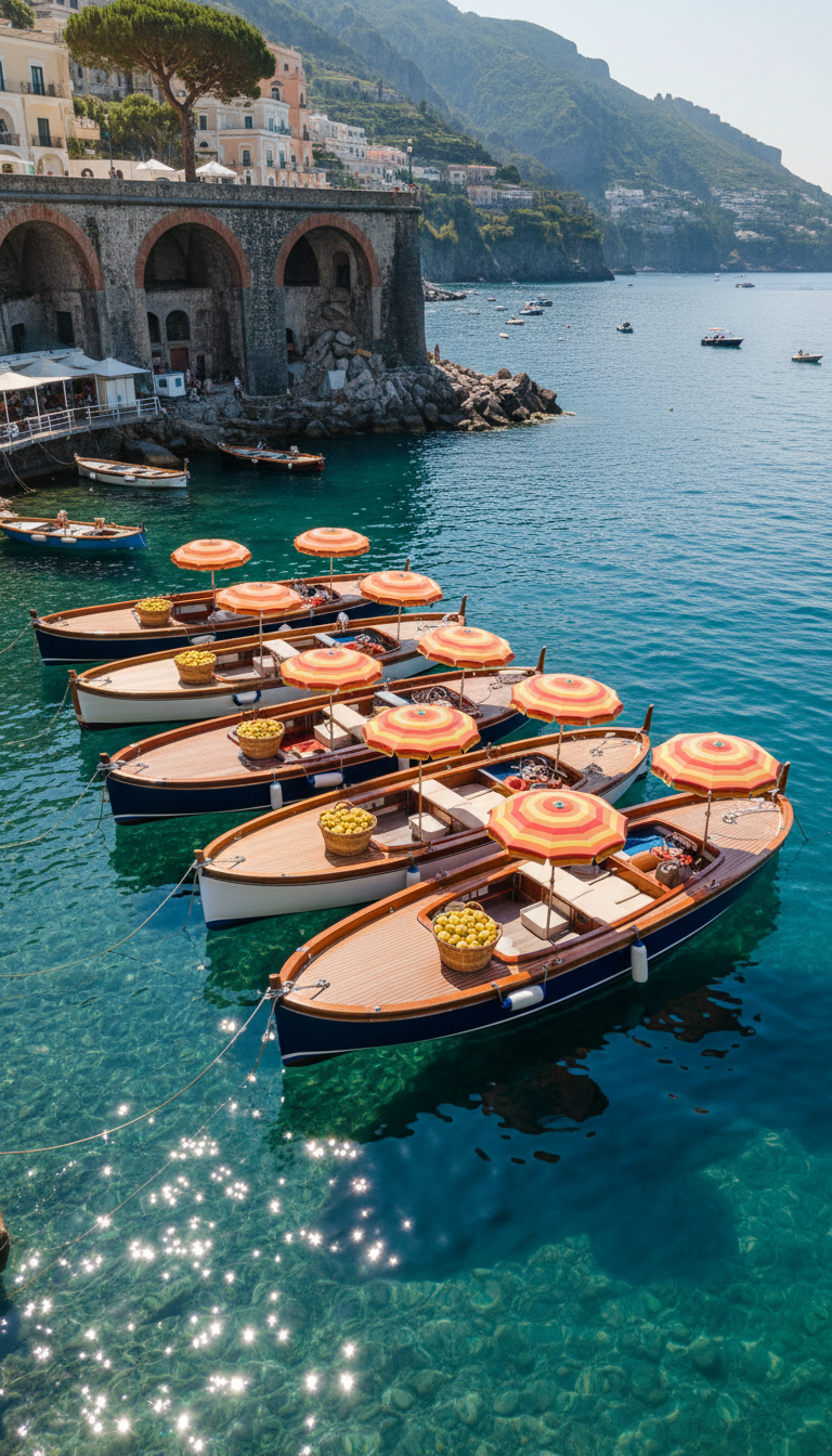 A small fleet of sleek, traditional wooden boats with polished decks and navy blue trim, moored at a quaint Amalfi marina, their reflections dancing in the crystal-clear turquoise water. The boats are adorned with vibrant sun umbrellas and woven baskets of fresh lemons, evoking local character. The harbor is framed by ancient stone arches and pastel buildings in the distance. Crisp midday sunlight casts lively highlights on the water and boats while creating defined shadows beneath. Shot from an elevated, slightly angled view for dynamic depth and sharp detail, emphasizing both the boats and iconic coastline. The aesthetic is vibrant yet refined, capturing the exclusive, leisurely mood of Amalfi coast boat excursions—a perfect visual for promoting unique vacation experiences offered by the site.
