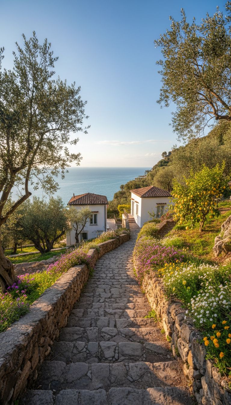 A scenic cobblestone footpath leading toward a pair of distinct vacation cottages nestled among olive trees and lemon groves, with the dazzling blue sea visible in the background. The path is lined with classic stone walls and wildflowers in bloom, lending a sense of rustic authenticity. Mellow afternoon light filters through the tree leaves, creating dynamic patterns on the walkway and enhancing the rich textures of stone and foliage. Captured from a low, leading-line perspective, guiding the viewer's eye toward the cottages and the horizon. The mood is peaceful and rejuvenating, with a composition that balances natural beauty and traditional architecture. The image style is clean, realistic, and gently vibrant—highlighting the secluded, tranquil charm of Amalfi coast accommodations.