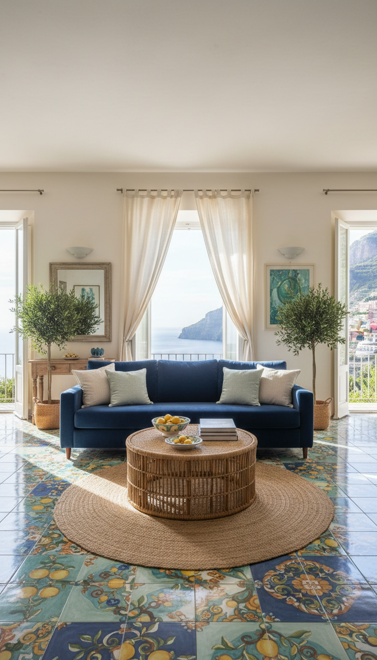 A tastefully decorated living room inside a vacation home, featuring hand-painted Amalfi ceramic tiles across the floor and accents of deep azure and seafoam green in the furnishings. The room includes a plush sofa with textured linen cushions, a woven rattan coffee table, and sheer curtains fluttering gently beside wide open French doors that reveal a partial sea view. Soft, natural morning light fills the space, creating a cozy yet airy feeling. The composition uses a centered perspective, with sharp focus on the decorative textures and materials. The visual tone is serene and welcoming, reflecting a clean, modern Mediterranean aesthetic with subtle rustic elements—conveying the comfort and authenticity of traditional Amalfi coast living.
