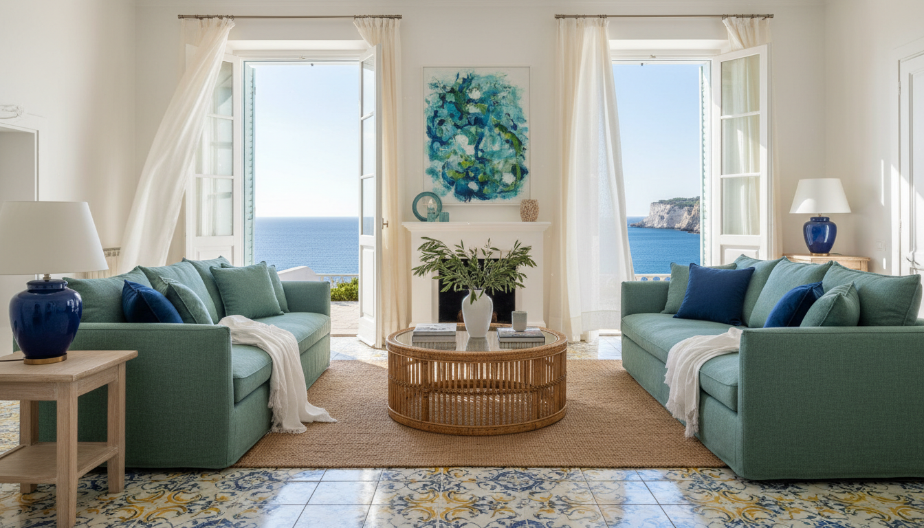 A tastefully decorated living room inside a vacation home, featuring hand-painted Amalfi ceramic tiles across the floor and accents of deep azure and seafoam green in the furnishings. The room includes a plush sofa with textured linen cushions, a woven rattan coffee table, and sheer curtains fluttering gently beside wide open French doors that reveal a partial sea view. Soft, natural morning light fills the space, creating a cozy yet airy feeling. The composition uses a centered perspective, with sharp focus on the decorative textures and materials. The visual tone is serene and welcoming, reflecting a clean, modern Mediterranean aesthetic with subtle rustic elements—conveying the comfort and authenticity of traditional Amalfi coast living.